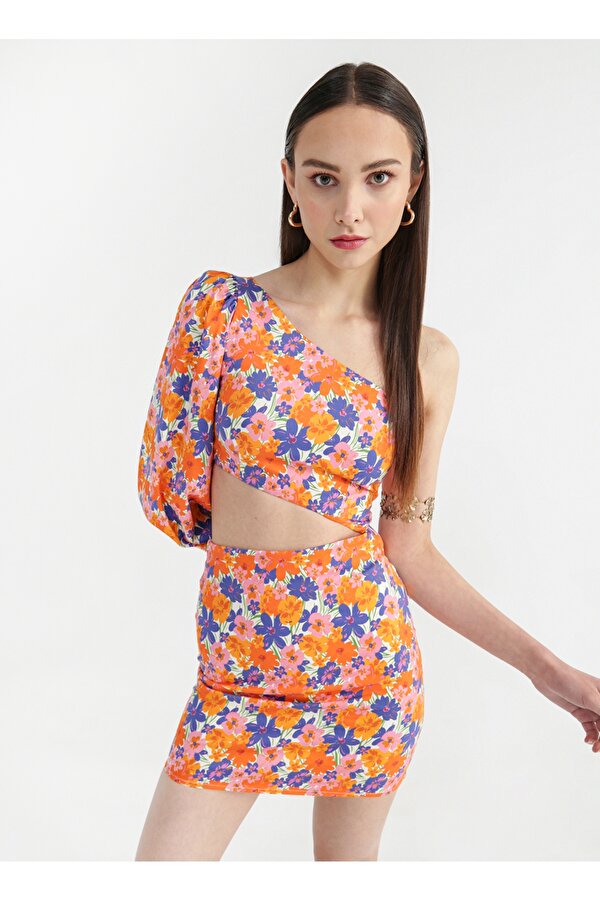 Fabrika Çok Renkli Kadın Mini Dar Tek Omuz Elbise RESSA
