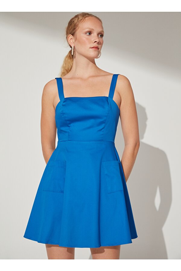 Fabrika Çivit Kadın Askılı Mini A-Form Fit Düz Kare Yaka Elbise BISTA