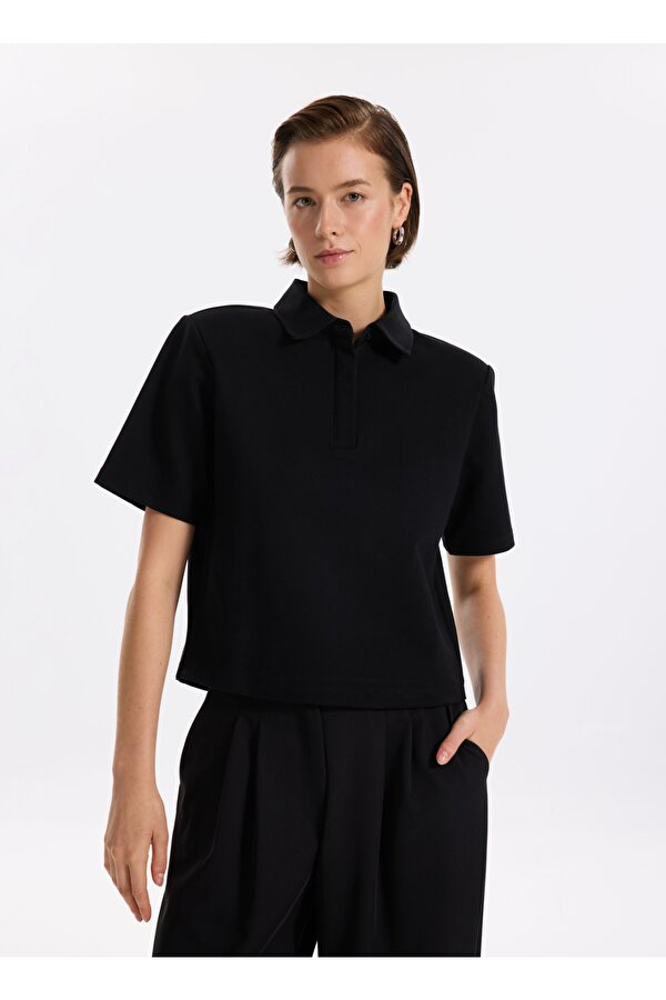 Fabrika Polo Yaka Düz Siyah Kadın Bluz F5WL-TST0480