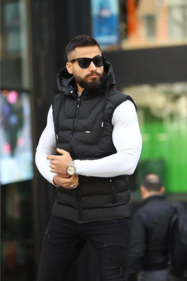 DOXGER Kodiak Erkek Slim Kalıp Kapüşonlu Siyah Yelek – Su Ve Rüzgar Geçirmez, Mikrojel Elyaf Dolgulu, Polyester Astarlı 3 Cepli