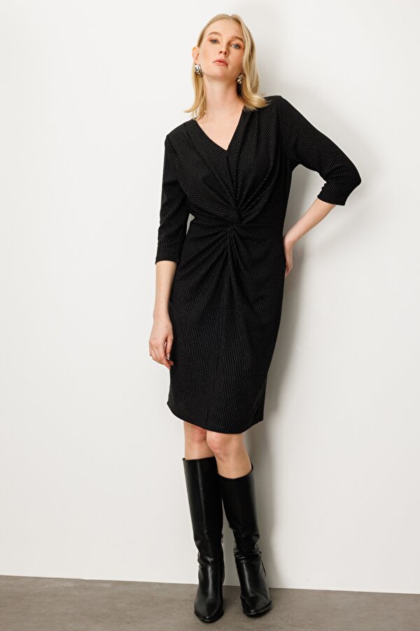 Ekol Kadın Önü Büzgülü Simli Midi Elbise 4921 Siyah