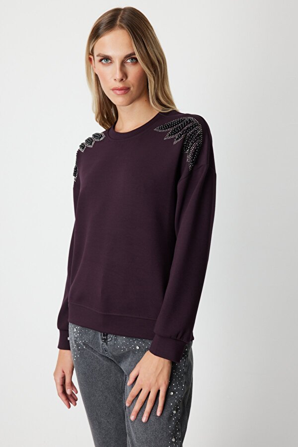 On Kadın Omuzları İncili Sweat 66338 Bordo