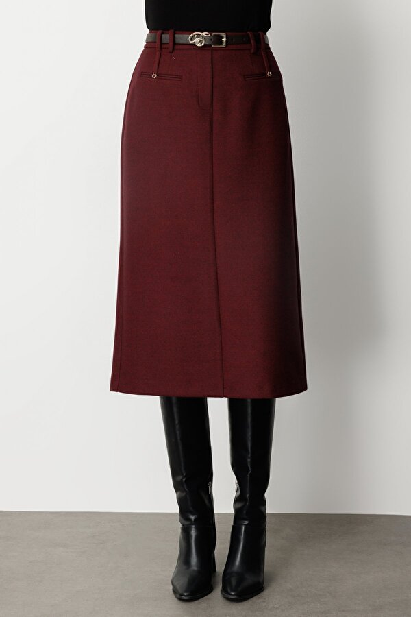 Ekol Kadın Beli Kemerli Yırtmaçlı Midi Etek 2009 Bordo