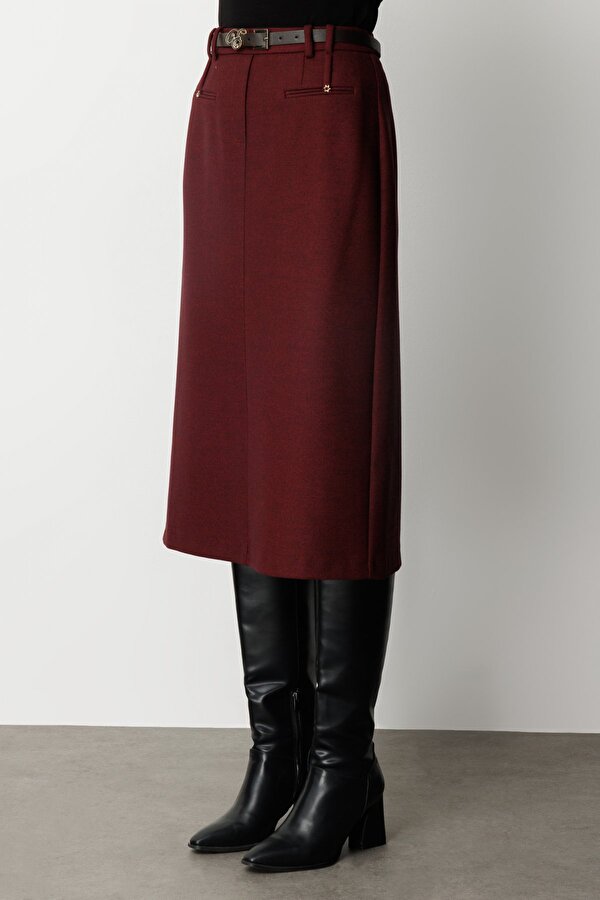 Ekol Kadın Beli Kemerli Yırtmaçlı Midi Etek 2009 Bordo