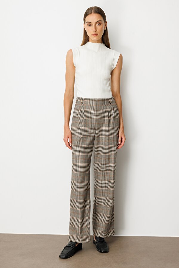 Ekol Kadın Beli Lastikli Ekoseli Pantolon 5077 Vizon