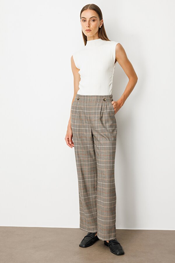 Ekol Kadın Beli Lastikli Ekoseli Pantolon 5077 Vizon