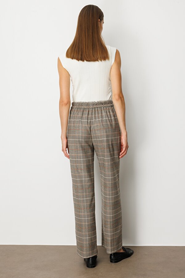 Ekol Kadın Beli Lastikli Ekoseli Pantolon 5077 Vizon