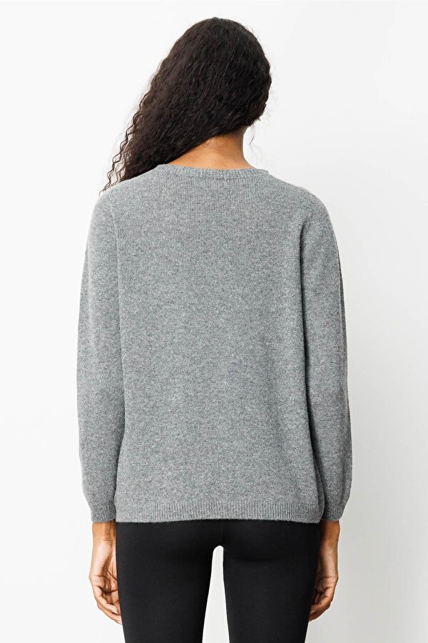 Desen Triko Kadın Sıfır Yaka Omzu İşlemeli Yün Kazak 25204 Füme