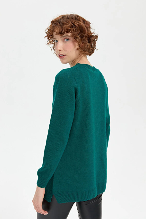 Desen Triko Kadın Sıfır Yaka Dikişsiz Önü Saç Örgülü Yün Kazak 24214 K. Ördek Başı