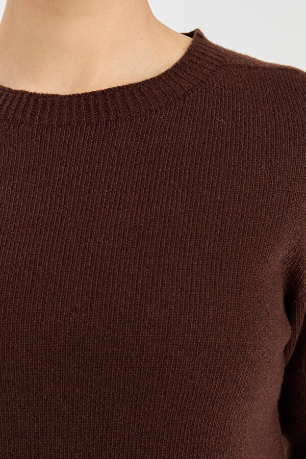 Desen Triko Kadın Sıfır Yaka Klasik Yün Kazak 23163 M.Kahve