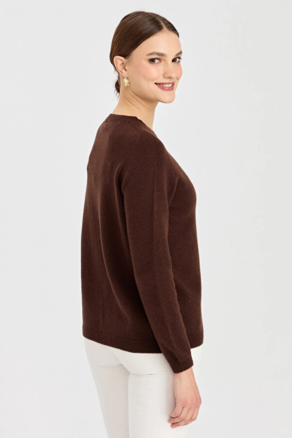 Desen Triko Kadın Sıfır Yaka Klasik Yün Kazak 23163 M.Kahve