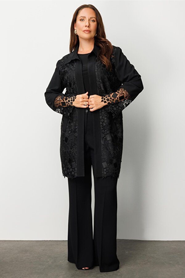 Moda İlgi Kadın Büyük Beden Önü Güpür Dantelli Tunik 0256 Siyah