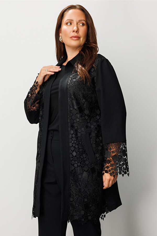 Moda İlgi Kadın Büyük Beden Önü Güpür Dantelli Tunik 0256 Siyah