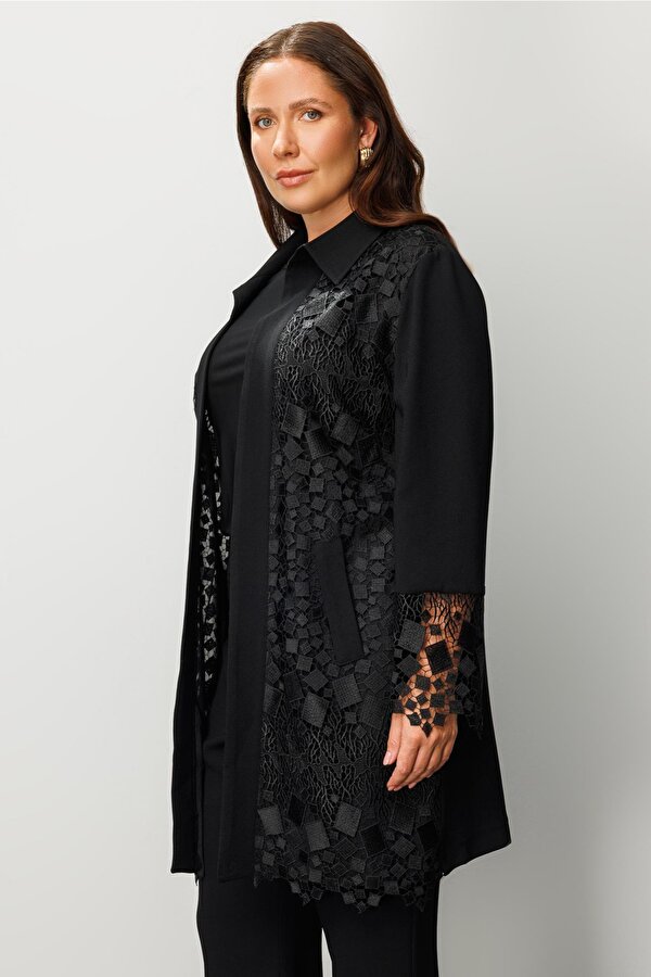 Moda İlgi Kadın Büyük Beden Önü Güpür Dantelli Tunik 0256 Siyah