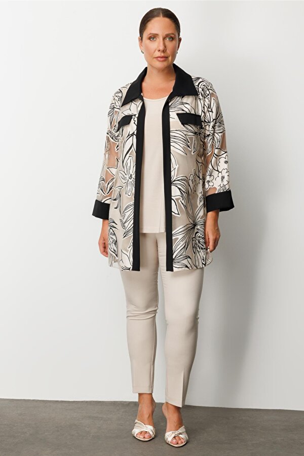 Moda İlgi Kadın Büyük Beden Çiçek Organzeli Uzun Kollu İkili Takım 0264 Siyah