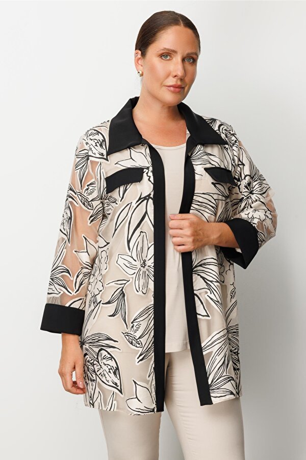 Moda İlgi Kadın Büyük Beden Çiçek Organzeli Uzun Kollu İkili Takım 0264 Siyah