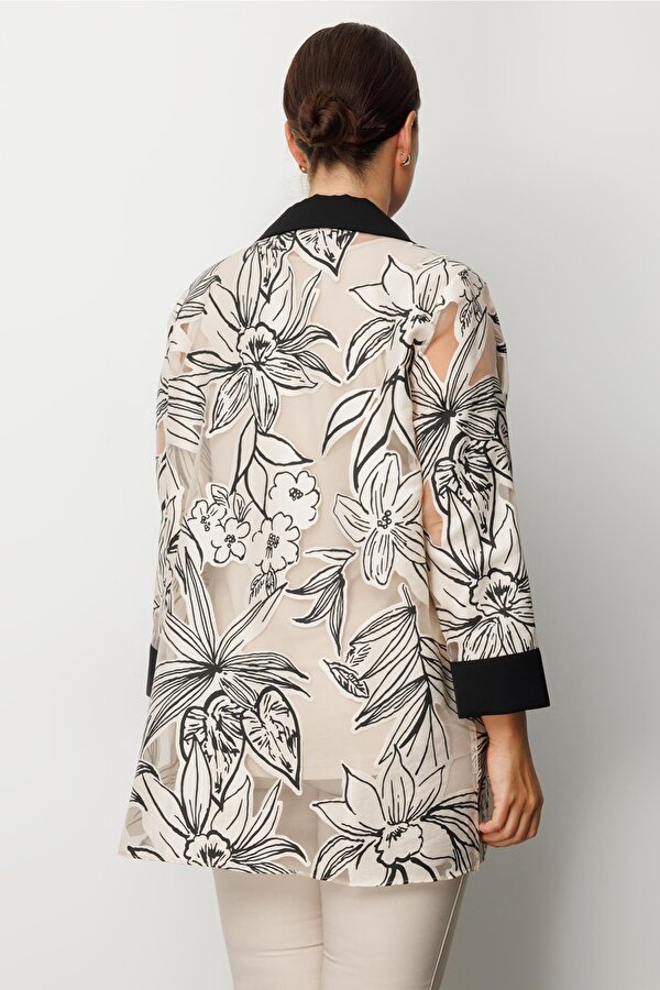 Moda İlgi Kadın Büyük Beden Çiçek Organzeli Uzun Kollu İkili Takım 0264 Siyah