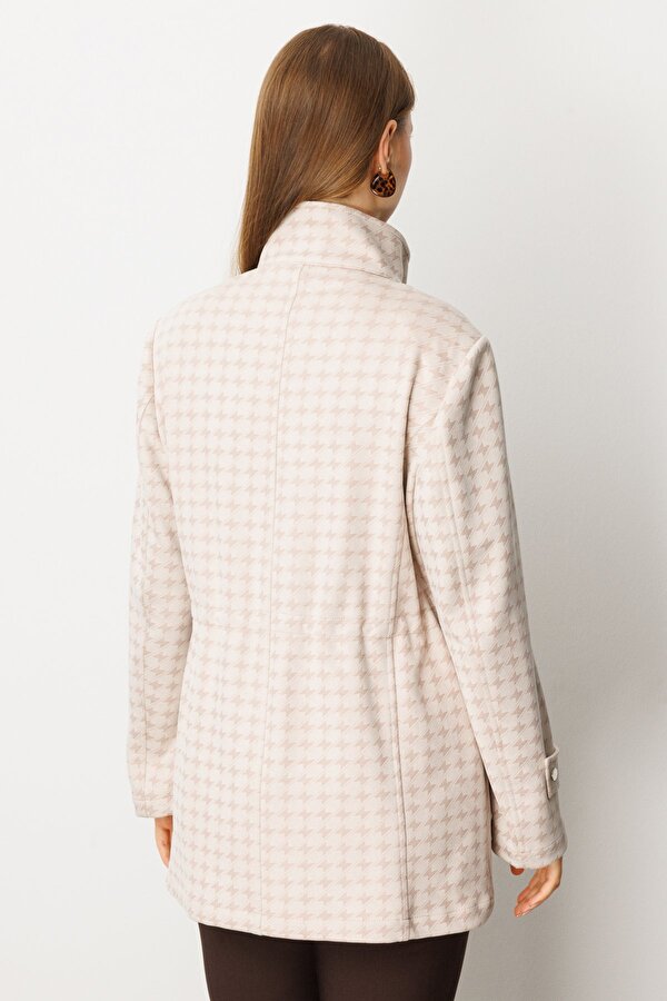 Ekol Kadın Büyük Beden Beli Lastikli Kazayağı Desenli Trenç 7541 Kum