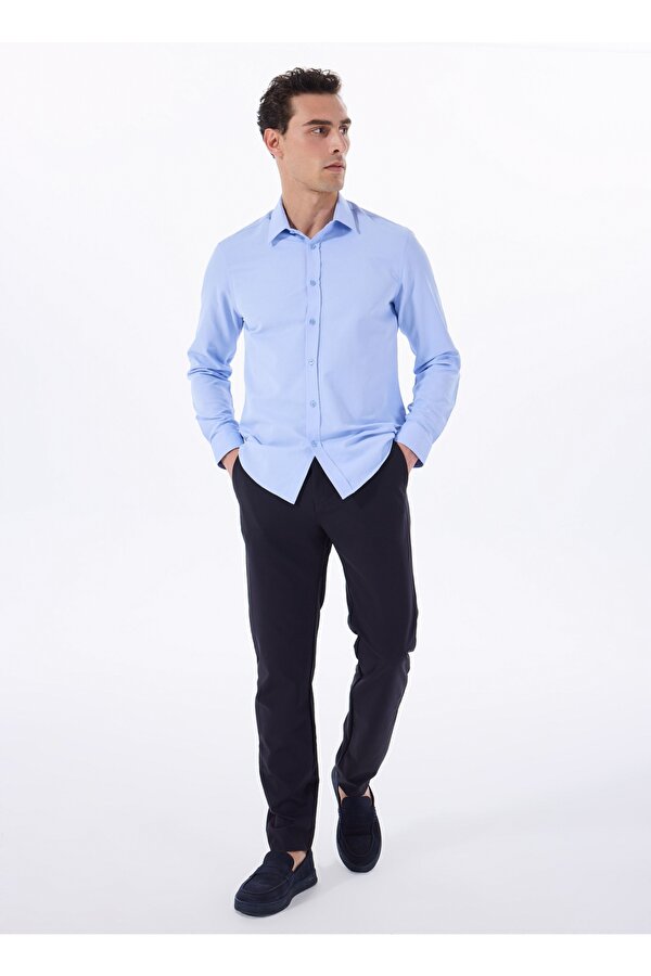Slim Fit Gömlek Yaka Armürlü Mavi Erkek Gömlek MAYDOS 502