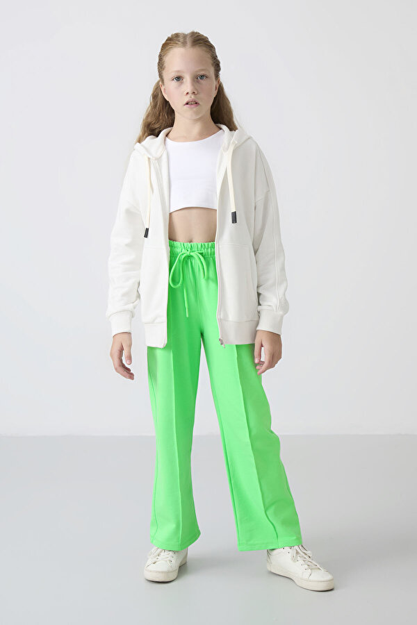 TOMMYLIFE Neon Yeşil Cepli Ön Dikiş Detaylı Geniş Paça Kız Çocuk Eşofman Altı -75144