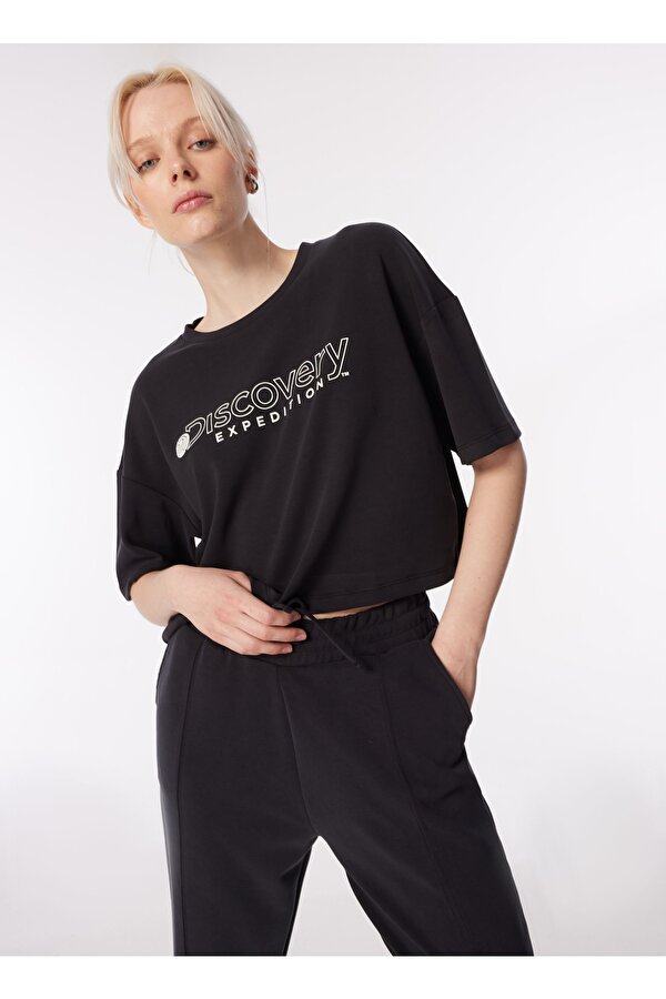 Discovery Expedition D4SL-TST3043 Siyah Bisiklet Yaka Oversize Baskılı Kadın T-Shirt