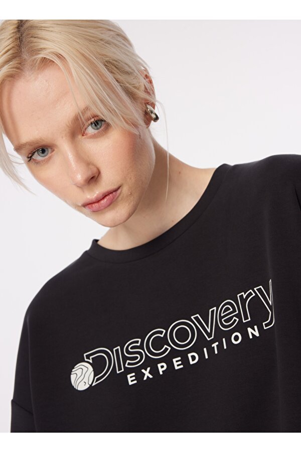 Discovery Expedition D4SL-TST3043 Siyah Bisiklet Yaka Oversize Baskılı Kadın T-Shirt