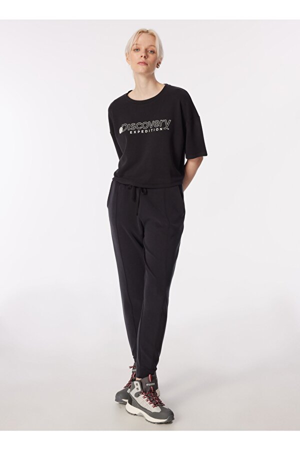 Discovery Expedition D4SL-TST3043 Siyah Bisiklet Yaka Oversize Baskılı Kadın T-Shirt
