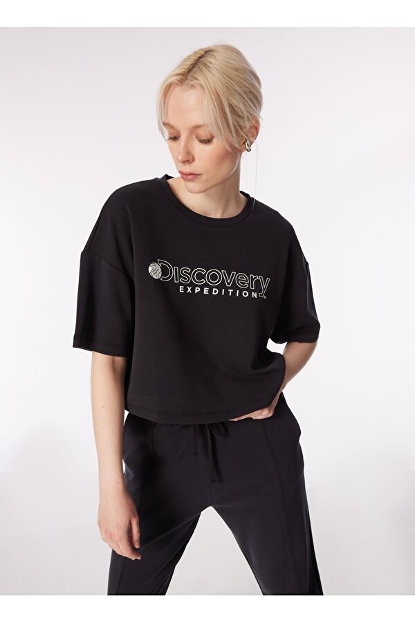 Discovery Expedition D4SL-TST3043 Siyah Bisiklet Yaka Oversize Baskılı Kadın T-Shirt