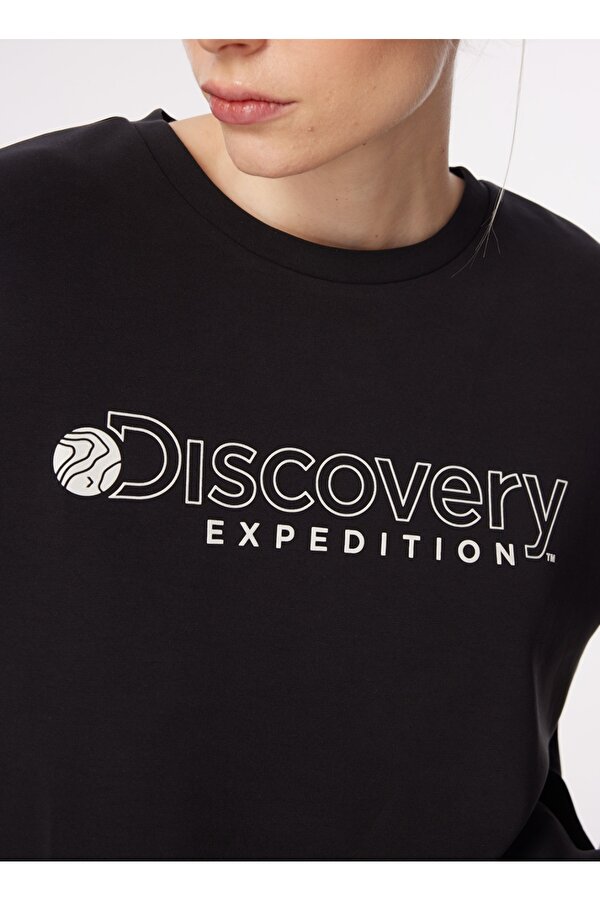 Discovery Expedition D4SL-TST3043 Siyah Bisiklet Yaka Oversize Baskılı Kadın T-Shirt