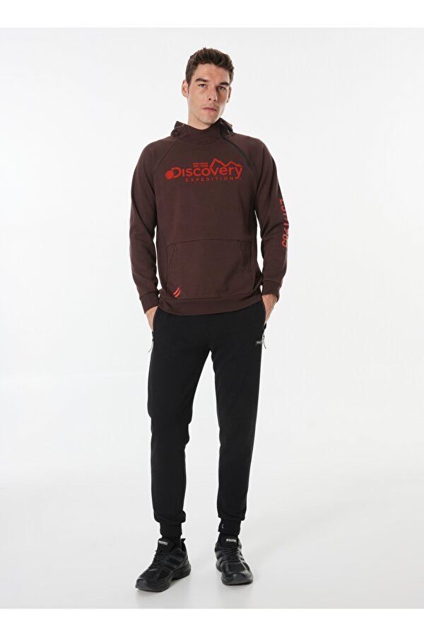 D4WM-SWT3264 Koyu Kahve Kapüşon Yaka Relaxed Baskılı Erkek Sweatshırt
