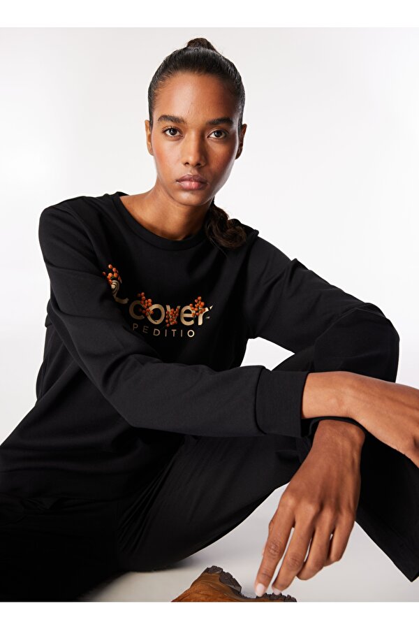 D4WL-SWT3034 Siyah Bisiklet Yaka Relaxed Baskılı Kadın Sweatshırt