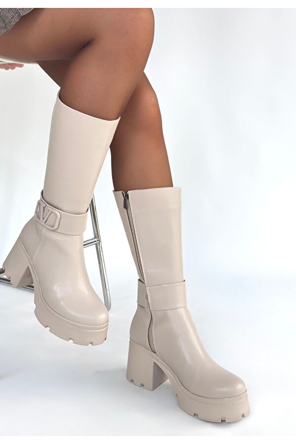 Pabucmarketi Bej Fermuarlı Kadın Topuklu Çizme