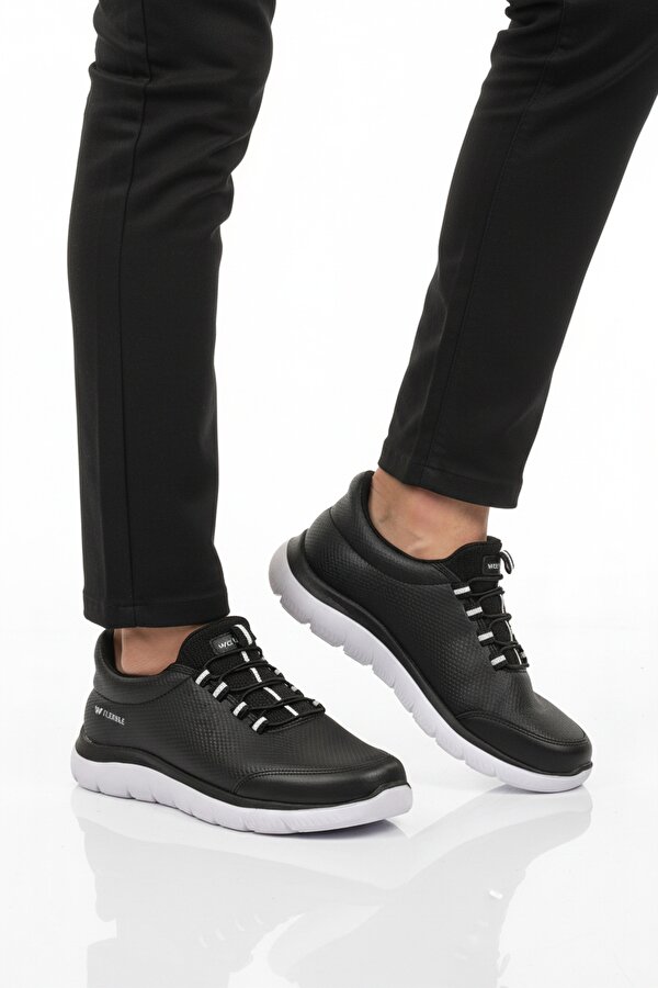 Walkway Siyah Beyaz Bilekten Lastikli Erkek Spor Ayakkabı Flexible Pu M