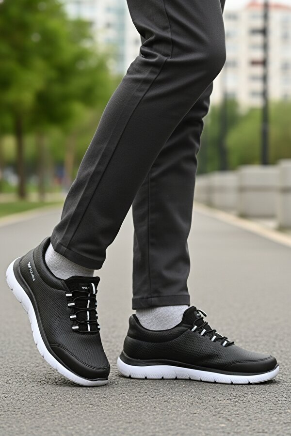 Walkway Siyah Beyaz Bilekten Lastikli Erkek Spor Ayakkabı Flexible Pu M