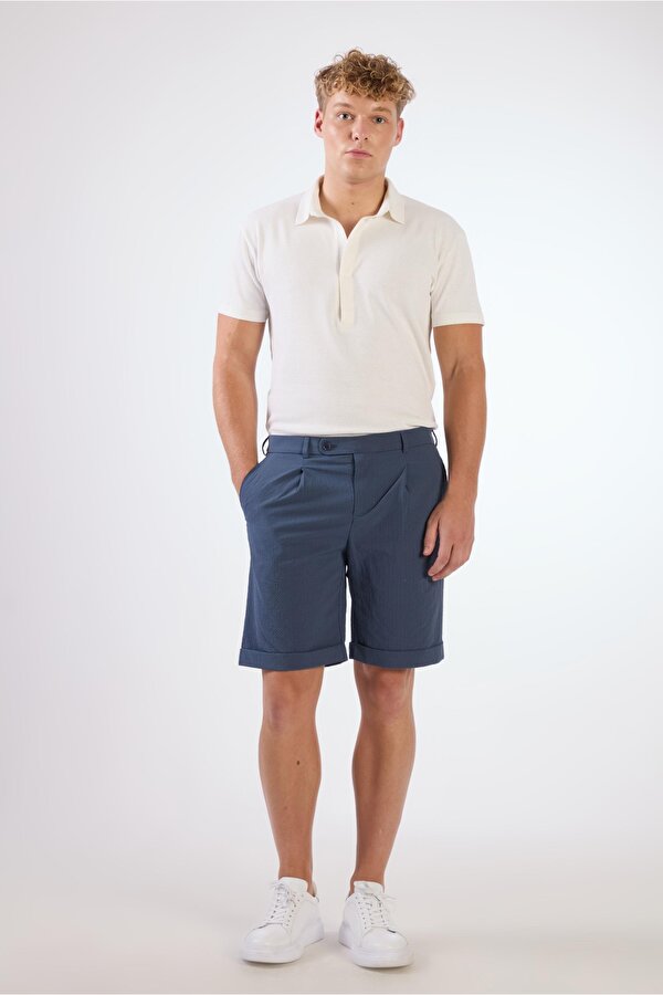 İndigo Erkek Slim Fit Gofre Desenli Short