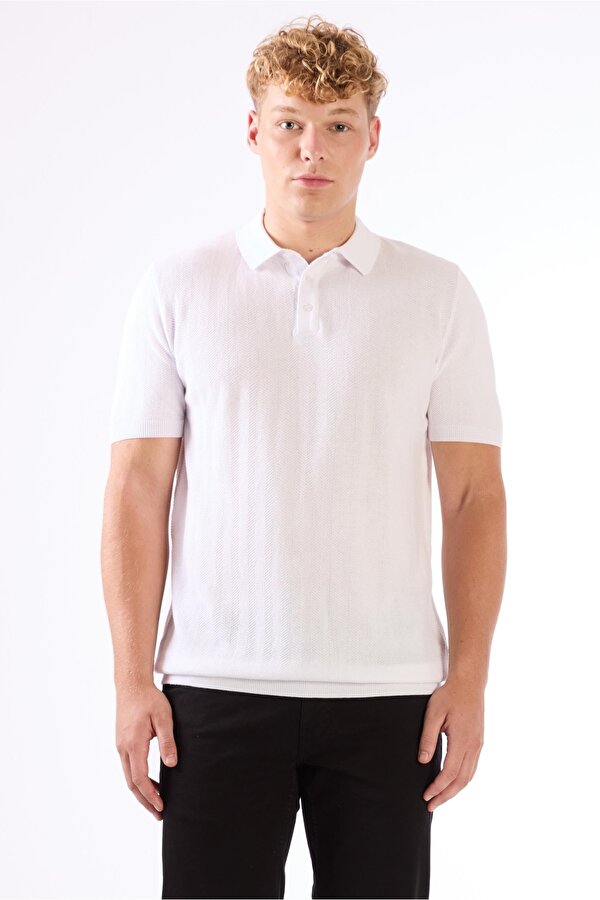 Dufy Beyaz Erkek Slim Fit Balıksırtı Desenli Polo Yaka Triko