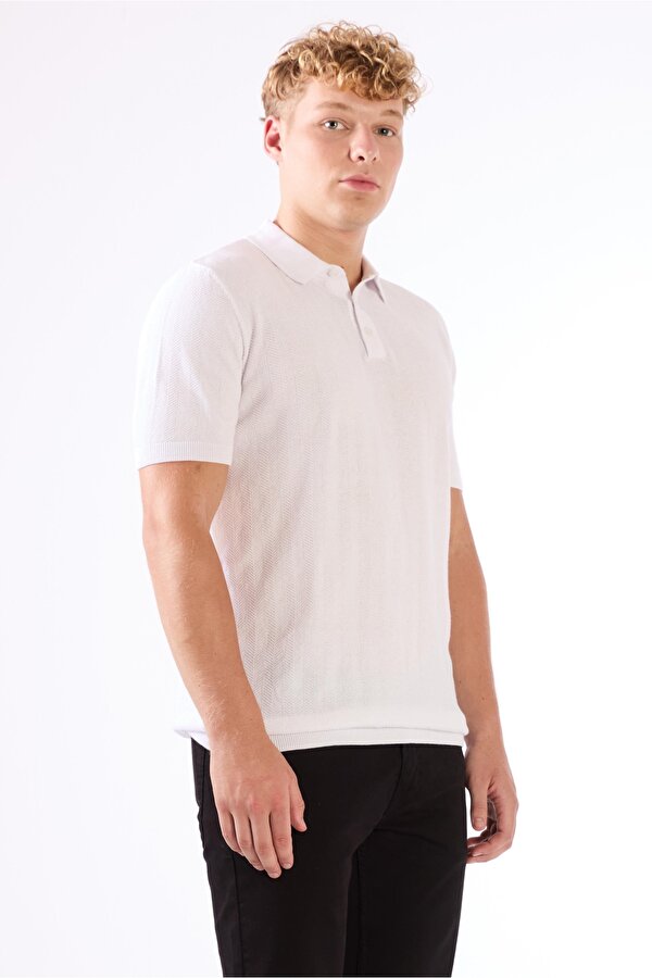 Dufy Beyaz Erkek Slim Fit Balıksırtı Desenli Polo Yaka Triko