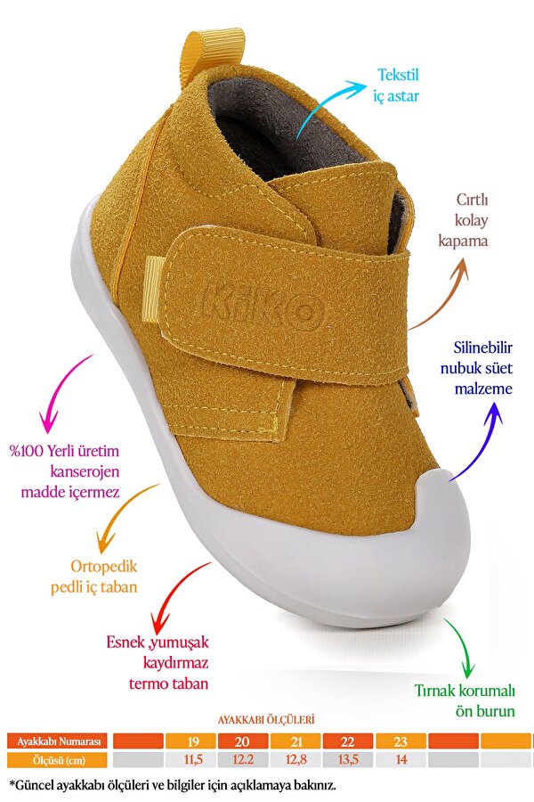Kiko Kids Winnie İlk Adım Cırtlı Kız Bebek Günlük Bot Ayakkabı Sarı