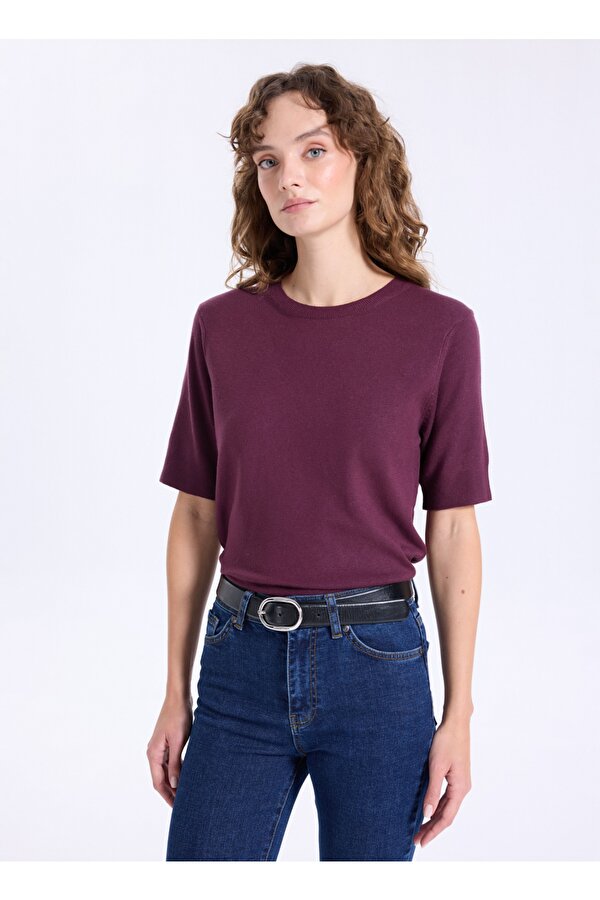 Jeep Bisiklet Yaka Basic Düz Örgü Desenli Mürdüm Kazak Kadın J5WL-KZK7130