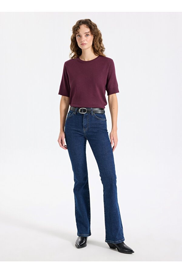 Jeep Bisiklet Yaka Basic Düz Örgü Desenli Mürdüm Kazak Kadın J5WL-KZK7130