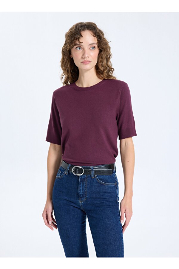 Jeep Bisiklet Yaka Basic Düz Örgü Desenli Mürdüm Kazak Kadın J5WL-KZK7130