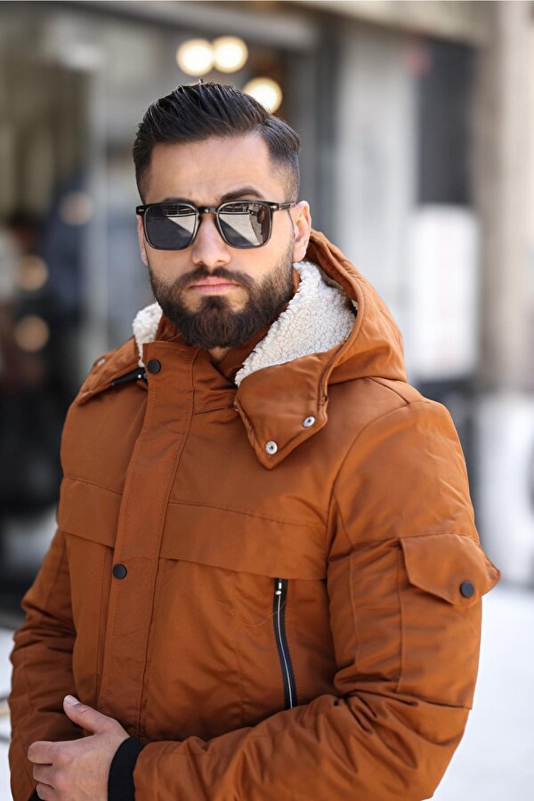 DOXGER Nova Erkek Kürk Astarlı Su ve Rüzgar Geçirmez Çıkarılabilir Kapüşonlu Uzun Taba Kaban – 5 Cepli, Regular Kalıp