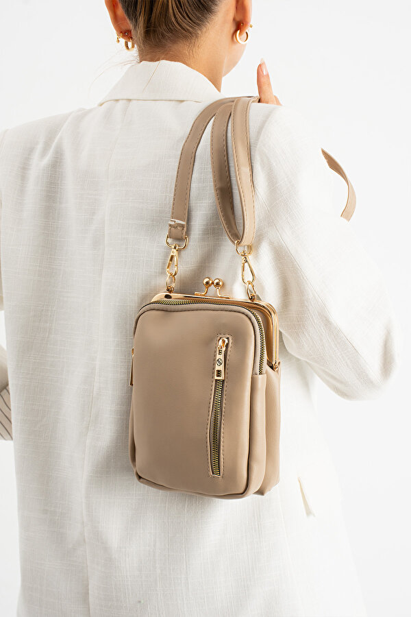 Sanmoris SN 1433 BURSLU KADIN OMUZ ÇANTASI KLİPSLİ EL ÇANTASI ÇAPRAZ ÇANTA KUM