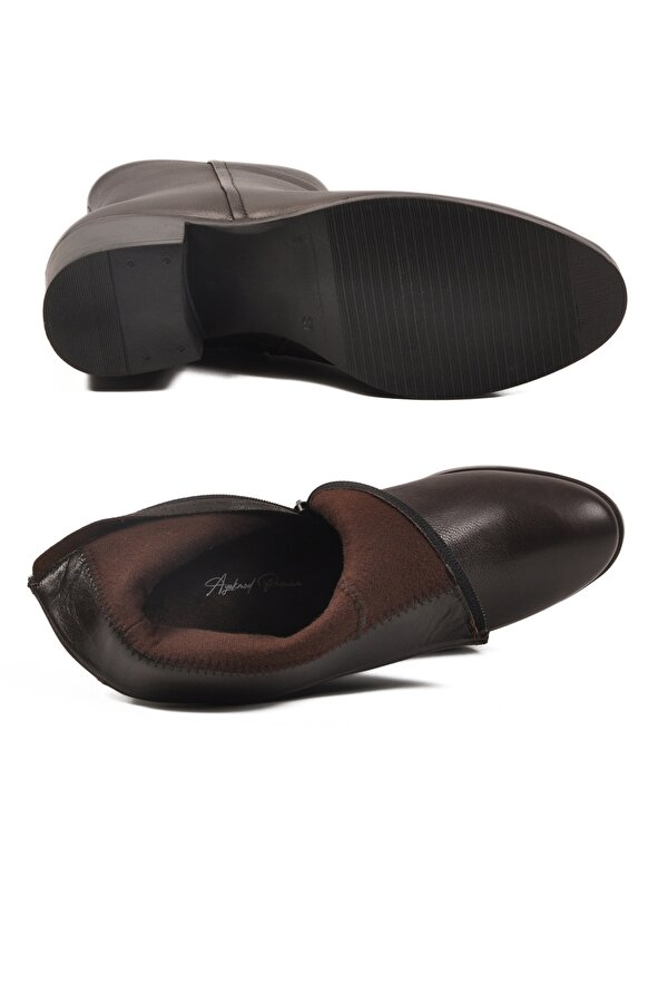 A Spor Aspor Kahve Hakiki Deri Fermuarlı Polarlı Kadın Topuklu Bot