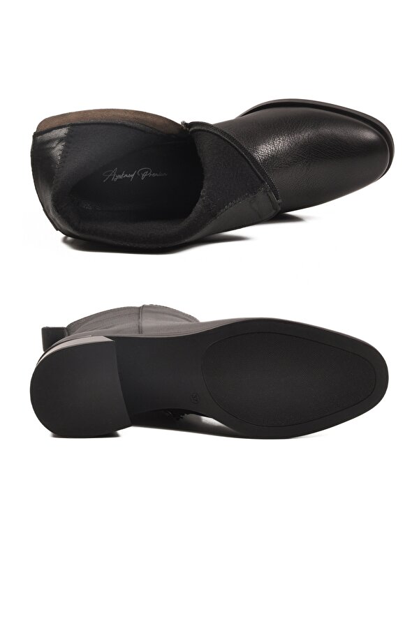 A Spor Aspor Siyah Hakiki Deri Polarlı Fermuarlı Kadın Topuklu Bot