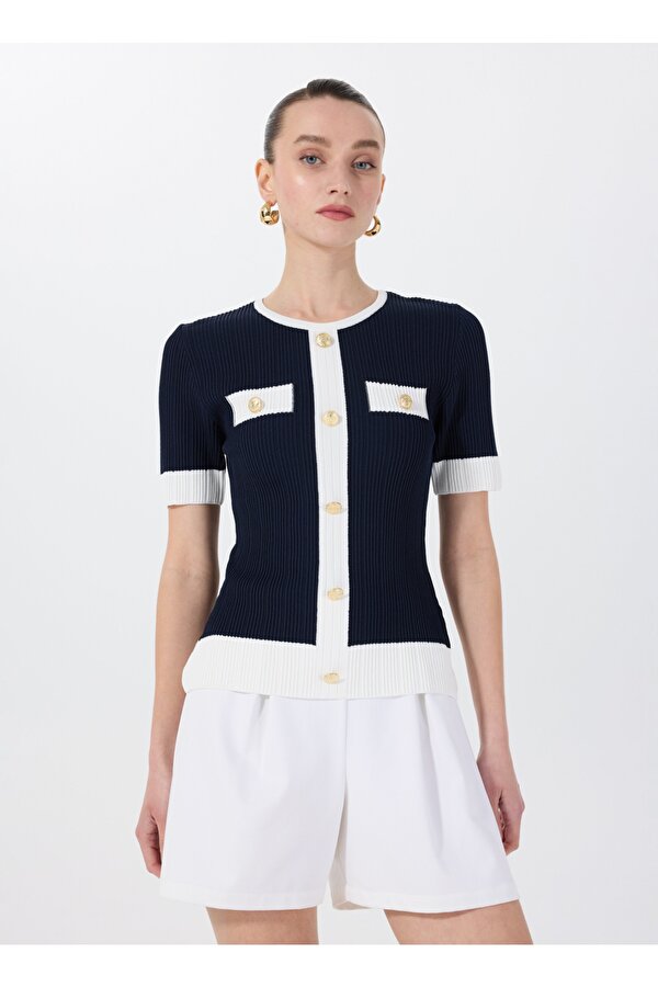 Fabrika Bisiklet Yaka Düz Lacivert Kadın Bluz F5SL-BLZ0006