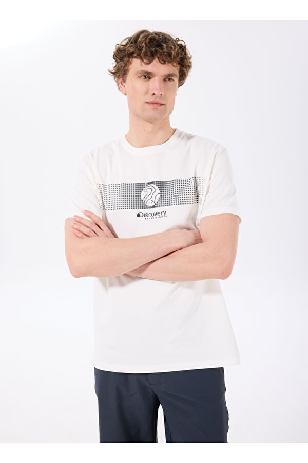 Discovery Expedition D5SM-TST3835 Ekru Bisiklet Yaka Relaxed Baskılı Erkek T-Shirt