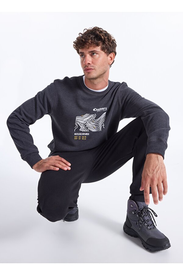 Discovery Expedition D5WM-SWT3827 Antrasit Melanj Bisiklet Yaka Relaxed Baskılı Erkek Sweatshırt
