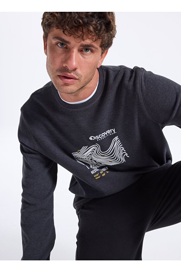 Discovery Expedition D5WM-SWT3827 Antrasit Melanj Bisiklet Yaka Relaxed Baskılı Erkek Sweatshırt