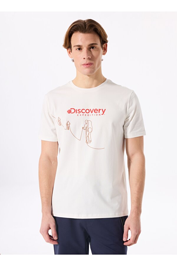 Discovery Expedition D5SM-TST3645 Kırık Beyaz Bisiklet Yaka Relaxed Baskılı Erkek T-Shirt